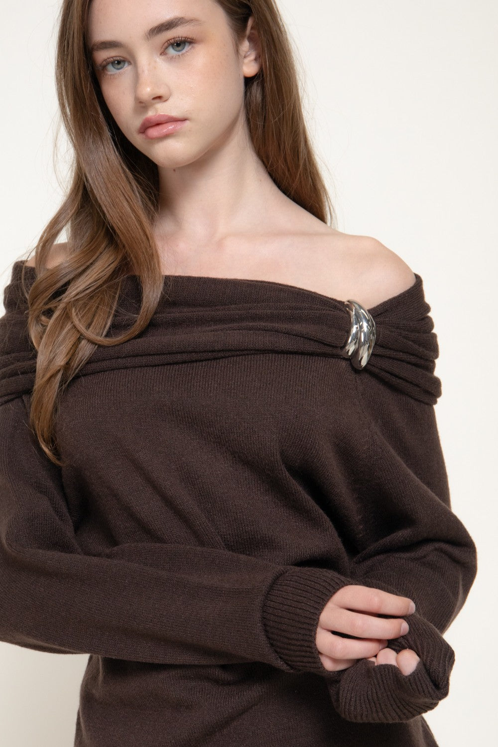 Off The Shoulder Metal Embellishment Sweater