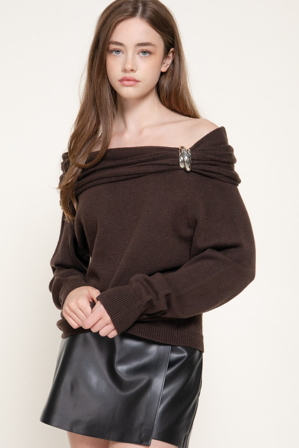 Off The Shoulder Metal Embellishment Sweater