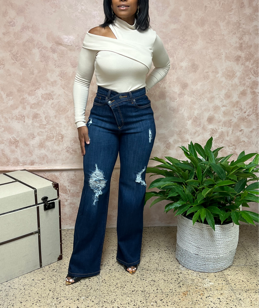 Vibrant MIU Dark Blue Ripped Jeans Wide Leg