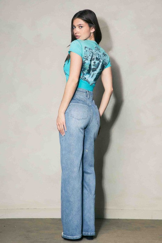 Rhinestones Jeans Wide Leg